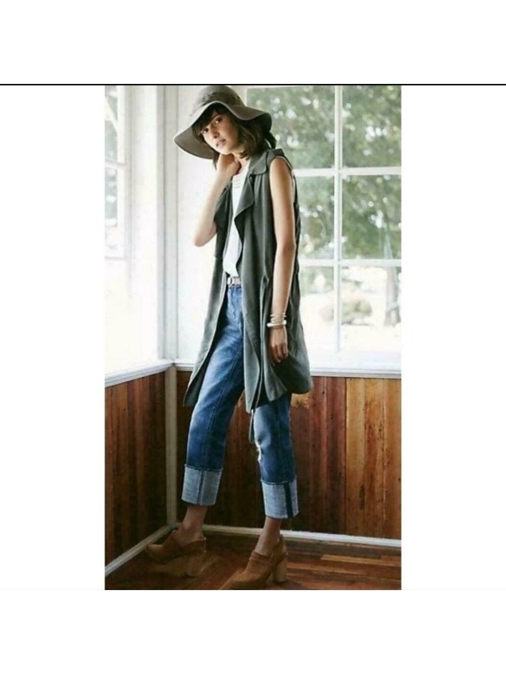 ELEVENSES Anthropologie Long Drape Vest Dark Sage Relaxed Fit XXSP